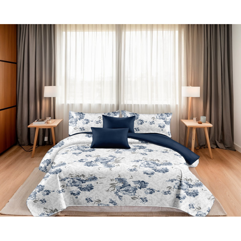 9pcs Quilt Bedding Set Blue Floral Bedspread California King Size for Bedroom, Lightweight Comforter with 2 Pillow Shams, 6 Matching Curtains 92x106In