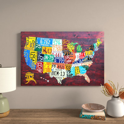 Usa Recycled License Plate Map Vii 1 Piece Floater Frame Wall Art on Canvas