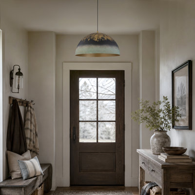 Industrial Distressed Oversized Dome Pendant Light, Rustic Wabi-Sabi Metal Hanging Fixture with Patina Green & Gold Finish for Kitchen Island and Dining Room