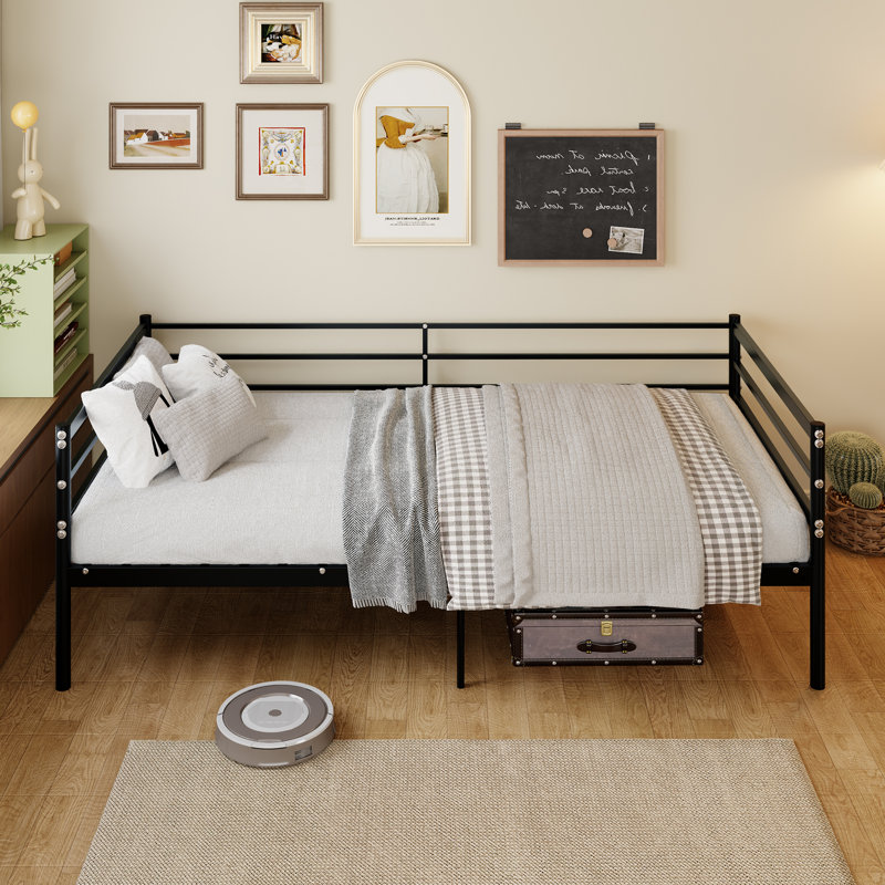 Lit mezzanine en métal pour enfants avec garde-corps de sécurité de 11,8 po, conception de style canapé, lit plateforme peu encombrant, noir