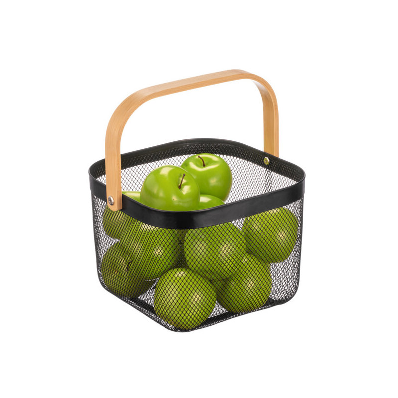 Panier en métal avec poignée en bois - noir / naturel, 12