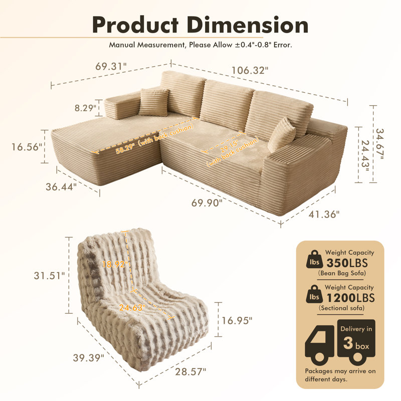 Ensemble de meubles de salon 3 pièces, ensemble de canapé moderne en mousse souple, canapé modulaire en L et fauteuil à billes sans accoudoirs, aucun assemblage requis