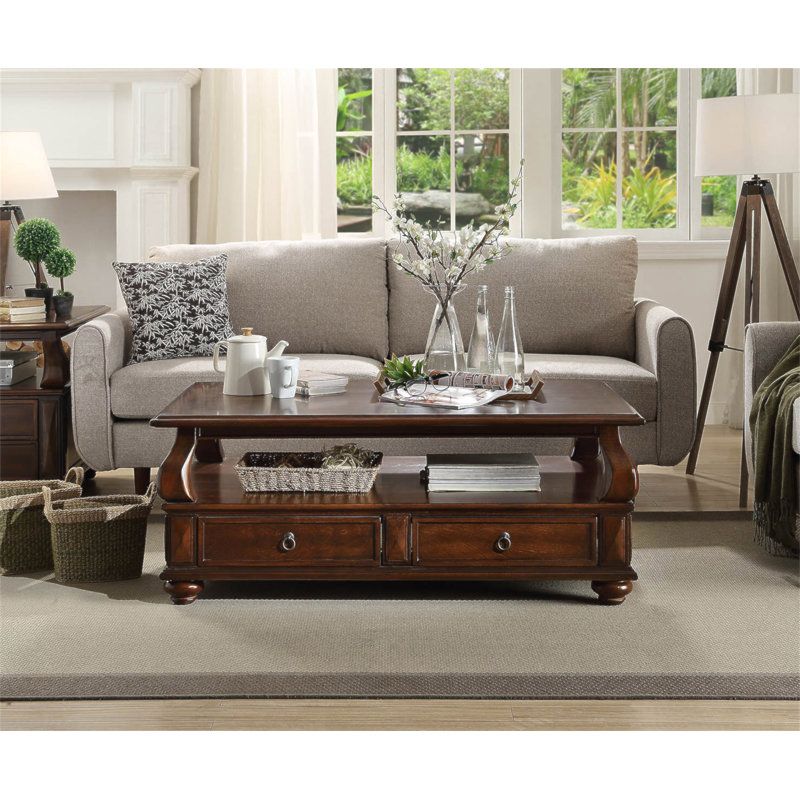 Table basse à 4 tiroirs en noyer avec 1 tablette