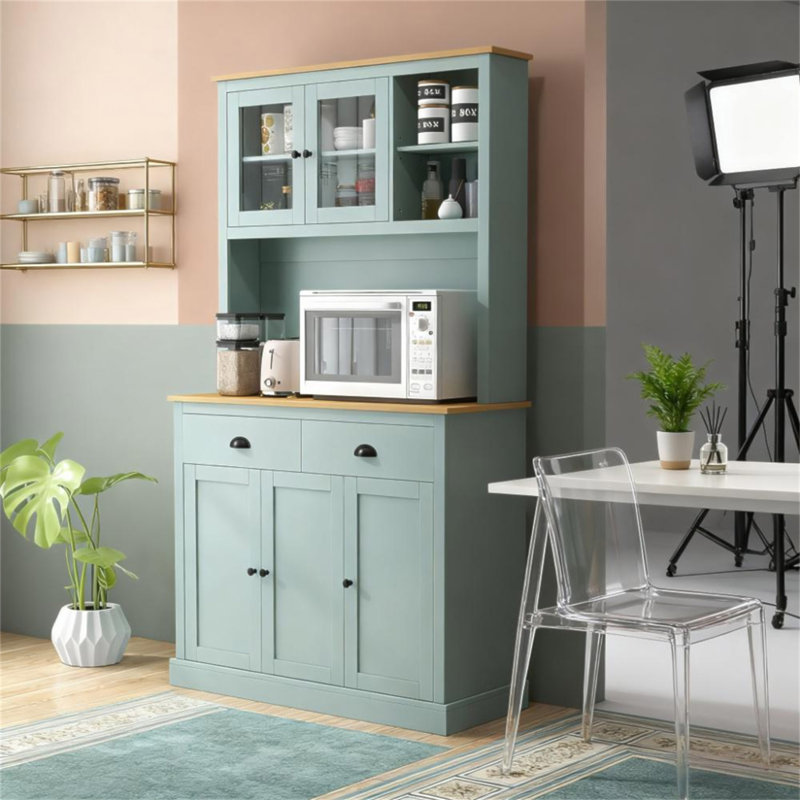 Buffet de cuisine autoportant avec huche avec tiroirs, portes en verre et tablettes réglables bleu clair Pantry, Bleu clair