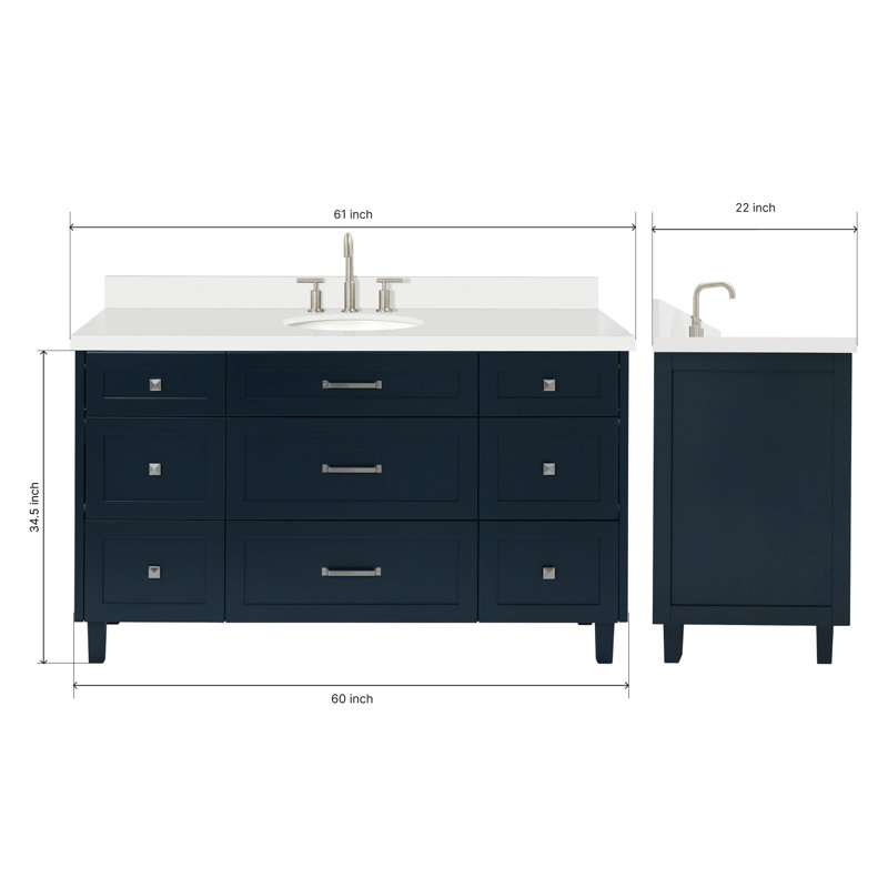 ARIEL Monroe 61 Single Sink Bathroom Vanity with Pure Quartz Top, Midnight Blue