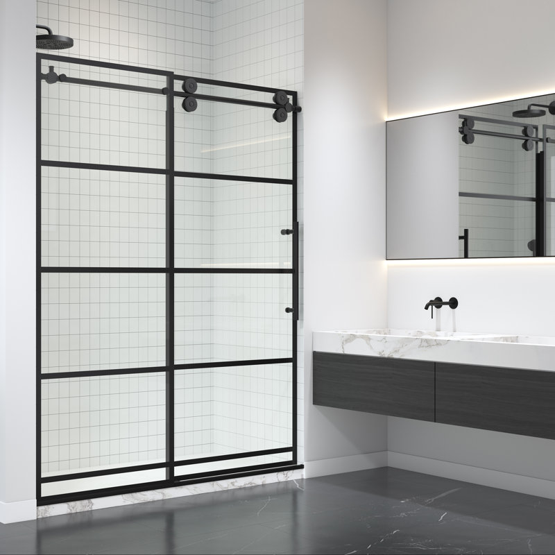 Julien 60" W x 76" H Frameless Shower Door with Heat Soaking Process and Protective Coating Treatment, Black Grid