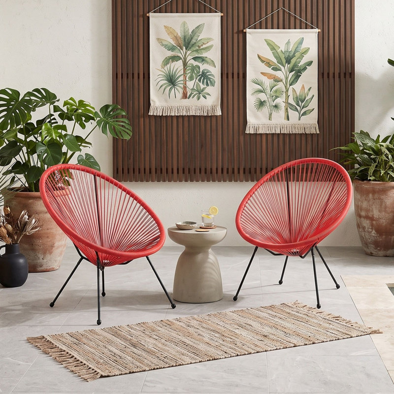 Ensemble de 2 chaises d'extérieur en rotin PE et acier avec assises tressées façon hamac, pour terrasse, véranda ou jardin.