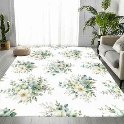 Tapis floral blanc et vert à motif floral de marguerites, motif de feuilles fraîches rétro, tapis de sol antidérapant doux et durable lavable à la machine, décoration intérieure élégante pour salon, chambre à coucher, entrée, cuisine, balcon, appartement