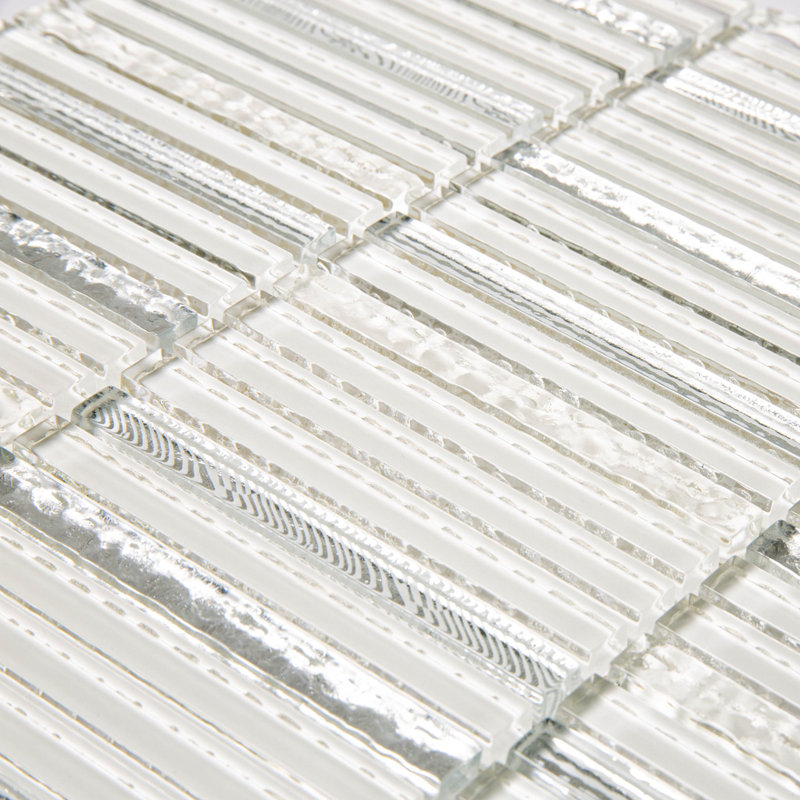 11.8" X 11.8" Glass Mosaic Tile, White/Silver