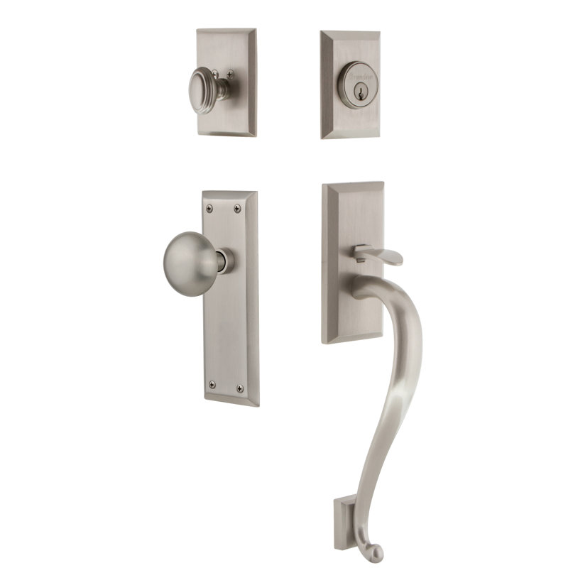 Fifth Avenue Handleset with Single Cylinder Deadbolt and Door Knob and Rosette, Satin Nickel