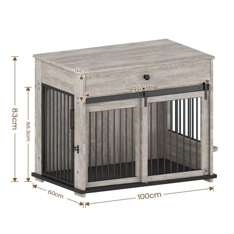 100cm W x 60cm D x 83cm H Extra Large Dog Crate Furniture with Drawer Storage, Sliding Doors, Rotating Bowls, Grey