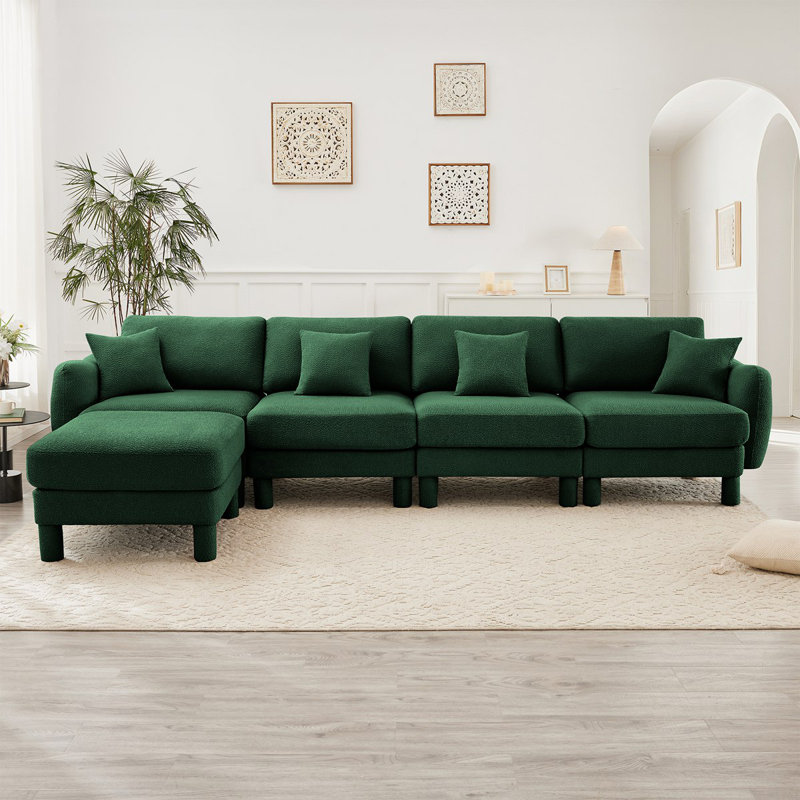 Canapé modulaire en L convertible en forme de L pour 4 personnes avec accoudoirs en forme de coquillage et repose-pieds amovible et pieds en tissu