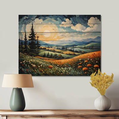 Clair de lune se balançant, pointillisme cyprès I - Vangogh, paysage, art mural en bois sur bois de pin naturel