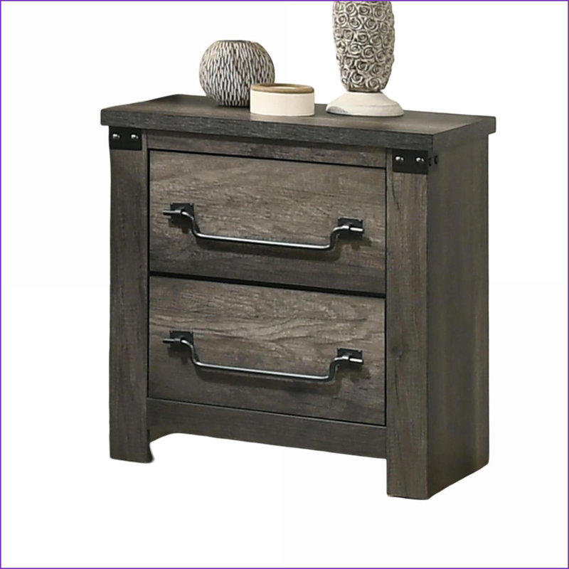 Table de chevet rustique gris avec poignées en laiton antique