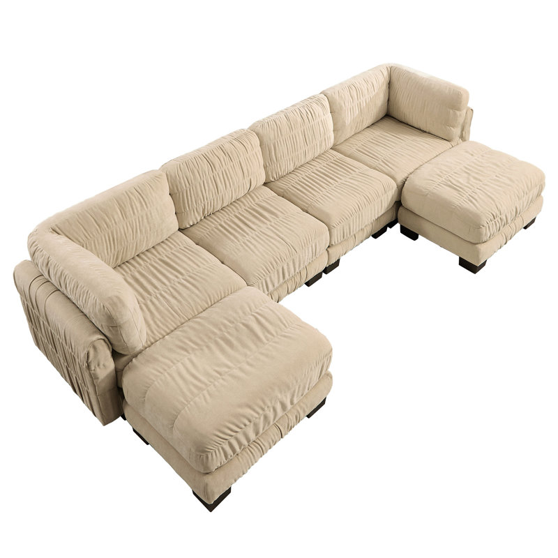 Canapé modulaire en chenille à 4 sièges avec détails ruisselés, 2 repose-pieds amovibles, mousse à haute densité, coussins de dossier en forme de L, assemblage facile, pour le salon, la chambre à coucher