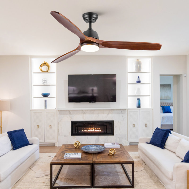 Farmhouse 52" 3 Blades LED Ceiling Fan With Lights, Black with Dark Brown Wood Blades