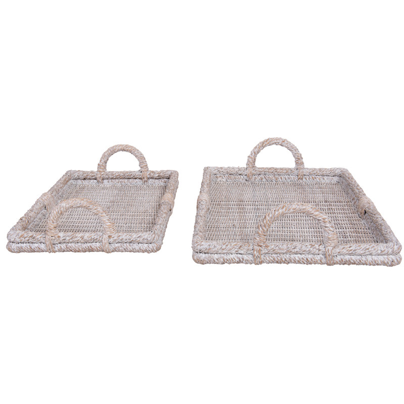 Whitewashed Rattan Decorative Trays with Handles, Set of 2