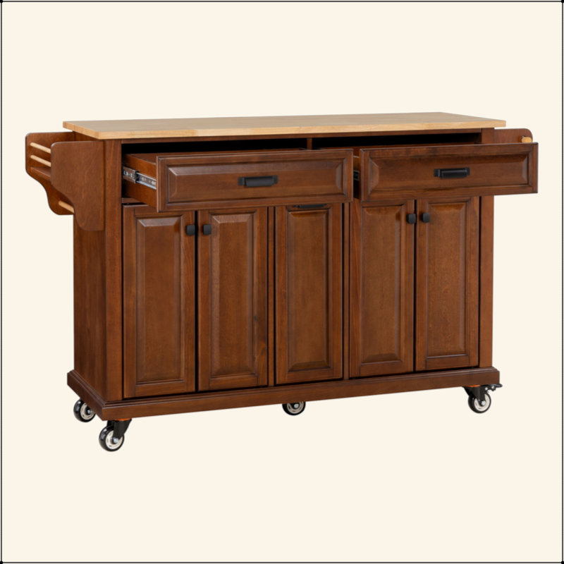 Kitchen Island With Rubber Wood Countertop, Kitchen Cart On 5 Wheels With Storage Cabinet And 2 Top Drawers And A Center Double Layered Storage Drawer For Dinning Room