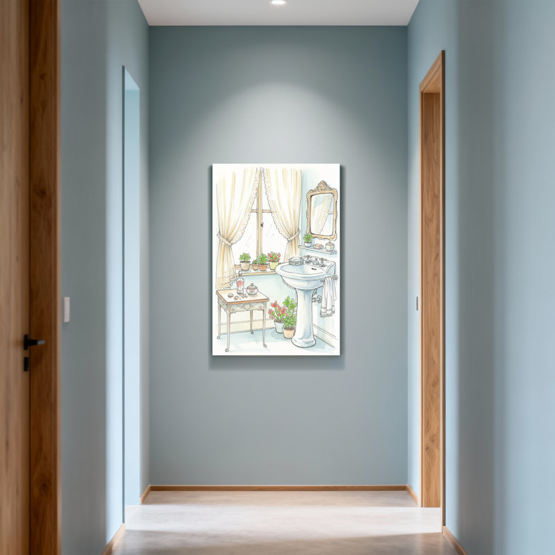 Salle de bain élégante pour salle de bain avec lavabo et rideaux rétro, H 48 po x l 32 po