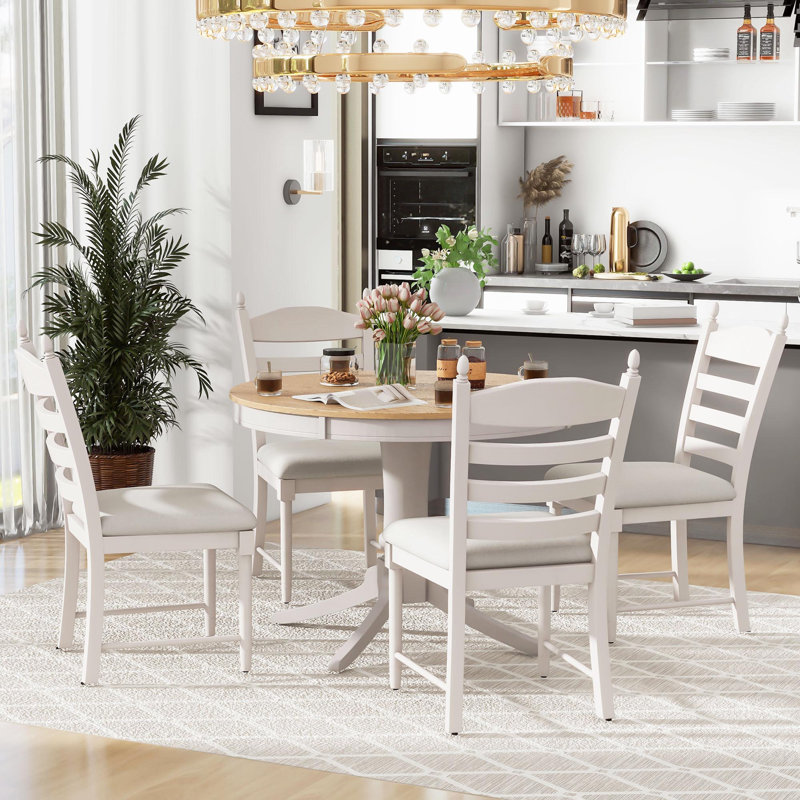 Roane 5 - Piece Extendable Dining Set with Round Extendable Dining Table and 4 Upholstered Dining Chairs, Light Brown