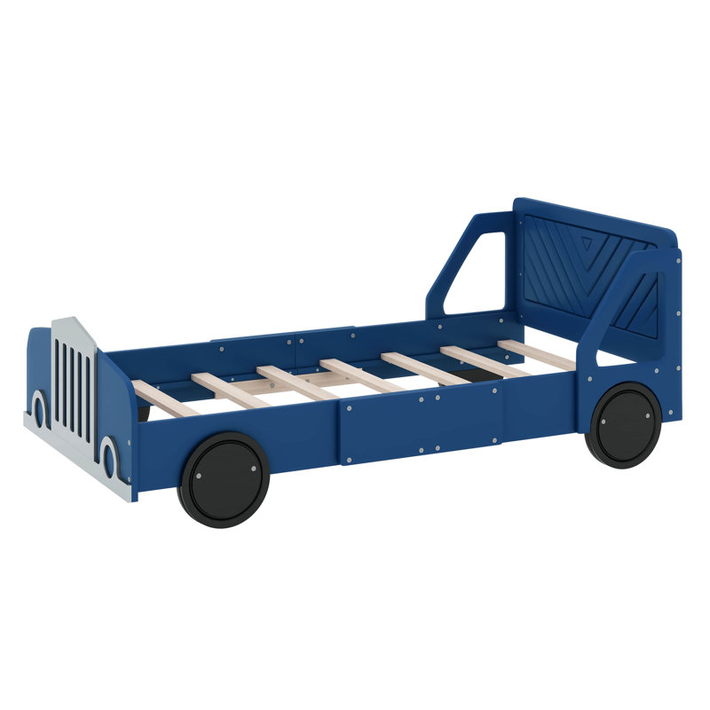 Lit plateforme simple en forme de voiture avec roues Skylon, Bleu