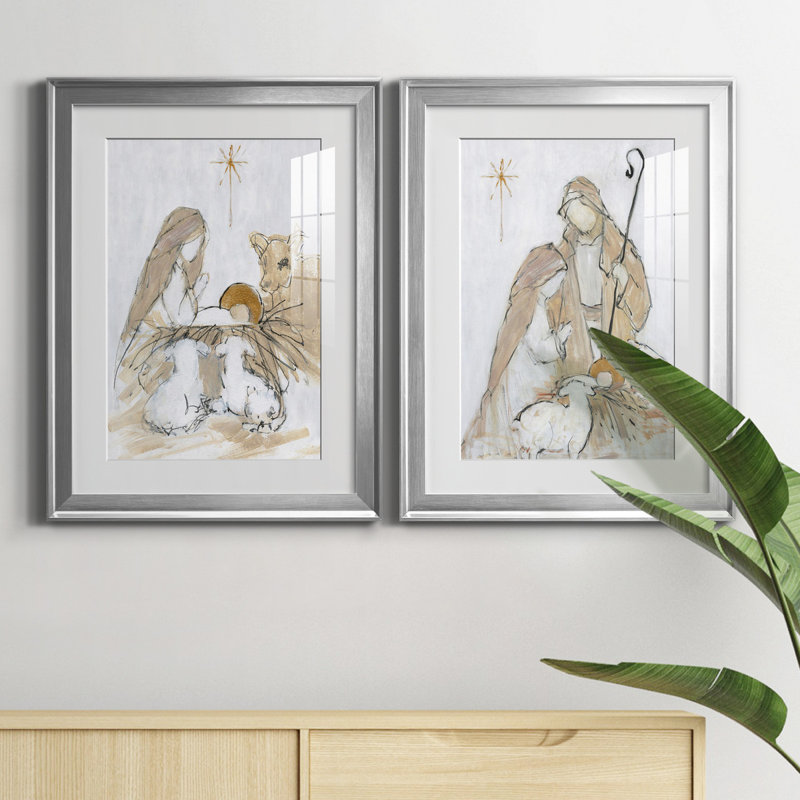 Sainte nuit, ensemble de 2 impressions, Impression encadrée avec passe-partout, H 26,5 po x l 73 po, Argent argent