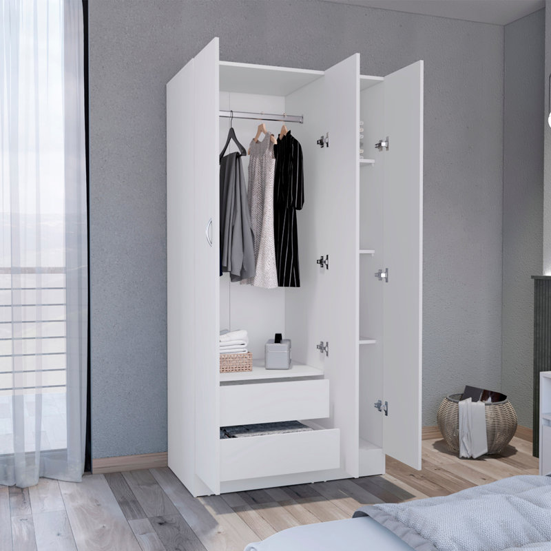 Armoire penderie 71H avec 3 portes et 2 tiroirs intérieurs, 3 portes, Blanc