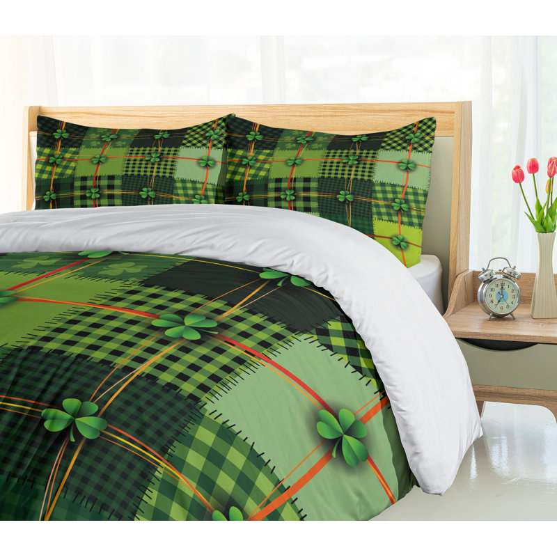 Twin Green Patchwork Style Duvet Cover Set with Clovers