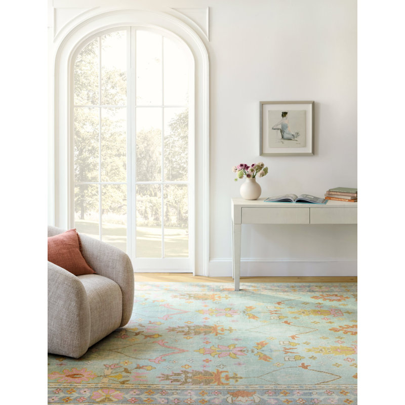Mara Hand Knotted Wool Oriental Area Rug in Beige/Sky/Pink, Rectangle 6' x 9'