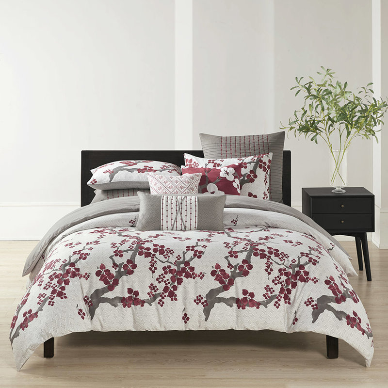Literie Cherry Blossom pour grand lit - 100% coton, motif floral, housse de couette surdimensionnée, taies décoratives assorties, facile à nettoyer