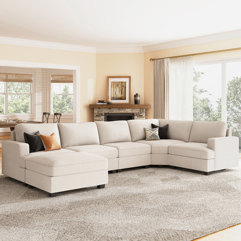 Canapé modulaire en U avec repose-pieds Anureet, Velours côtelé beige, Non