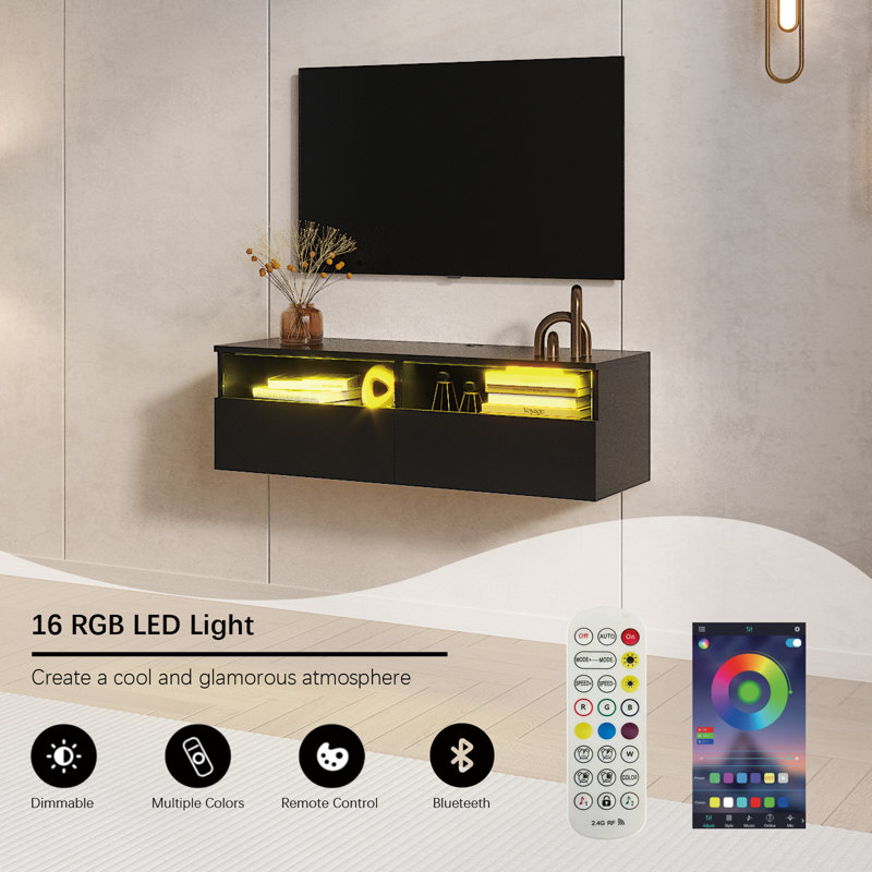 Agnon Floating TV Stand with 2 Storage Drawers, Wall-Mount up to 85", 30cm H x 100cm L x 33cm W, Black