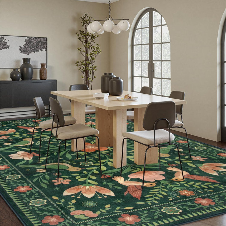 Goldene Boho Washable Botanical Dark Green Area Rugs for Living Room, Low-Pile Floral Rug with Non Slip Backing For Bedroom Dining Room