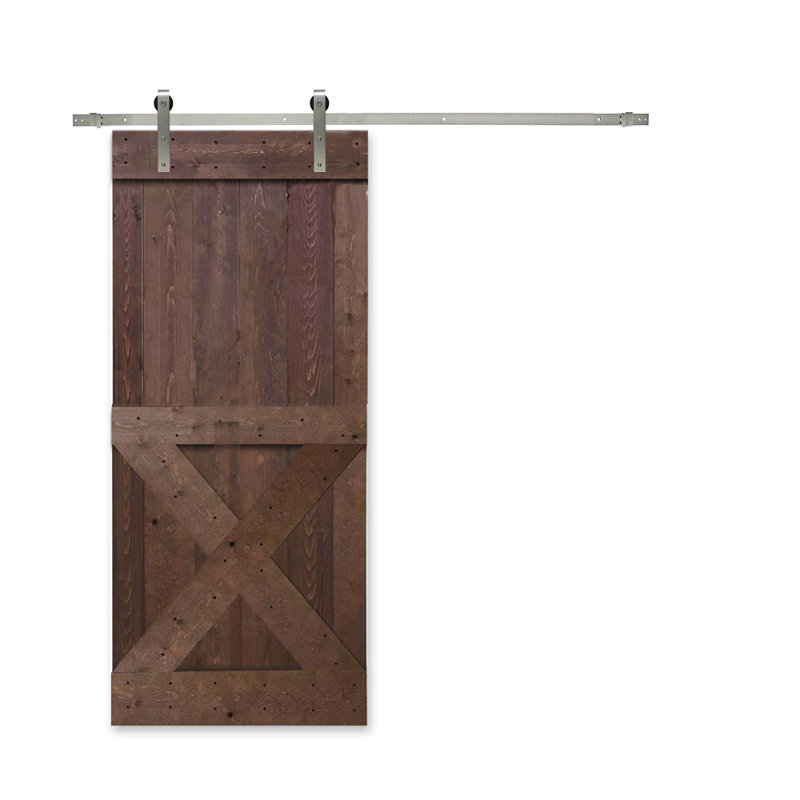 Porte de grange à panneaux et en bois avec quincaillerie d'installation, 36 po x 84 po, Noyer, Noir mat