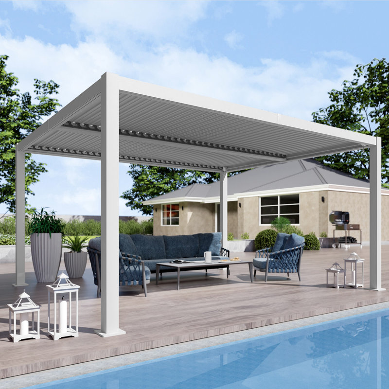 Kozyard Outdoor Louvered Pergola 12' x 14' Pergola Sun Shade All-Weather Aluminum Packing Shelter with Drainage System Adjustable Roof Waterproof for Poolside Garden Yard White