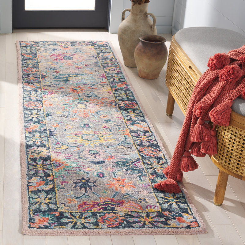 Tapis rose / gris en laine / coton touffeté à la main Creasman, Tapis de couloir 2 pi 3 po x 8 pi