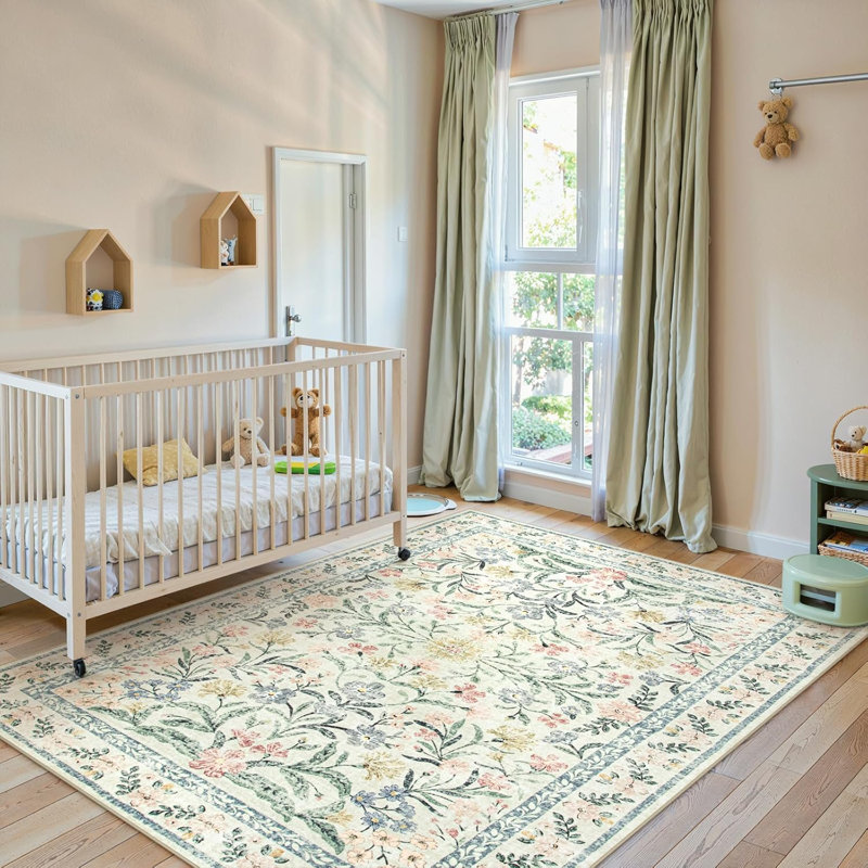 Kaldi Oriental Botanical Floral Machine Washable Area Rug with Non-Slip Backing for Living Room, Dining Room, Bedroom