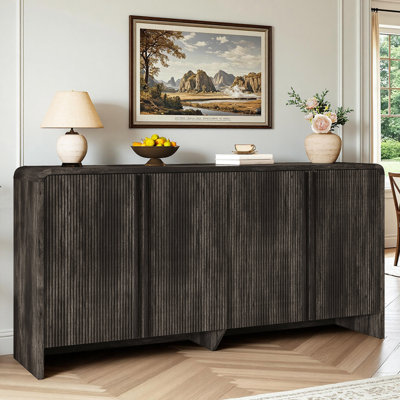 Modern 4-Door Sideboard with Rounded Edges and Pine Handles, Black