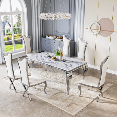 Marble Dining Table Set, 70" Modern Faux Marble Table With Stainless Steel Legs, Streamlined High-Back Chairs With X-Shaped Legs