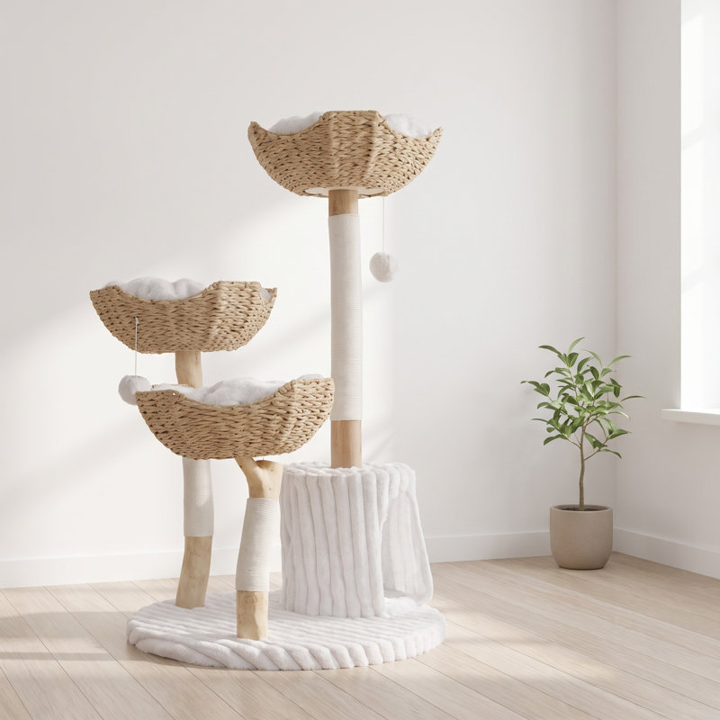 45" Solid Wood Tall Cat Tree Tower With Removable Washable Cushions Scratching Posts And Dangling Toy. Wood Climbing Tree For Indoor Multi-Cats