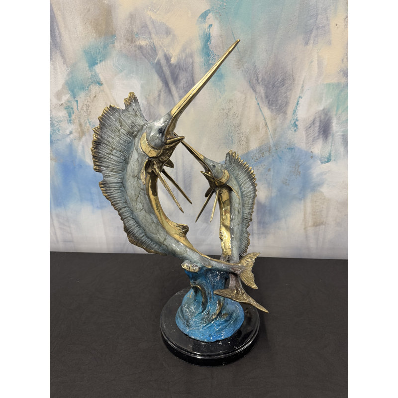 Sculptures & Beyond Two Swordfish/Sailfish Cast Bronze Sculpture – Lost-Wax Bronze with Hand-Applied Patina on Black Marble Base – Coastal & Nautical Decorative Art for Home, Office & Yacht Décor – Moonlit Crossing – 20"H