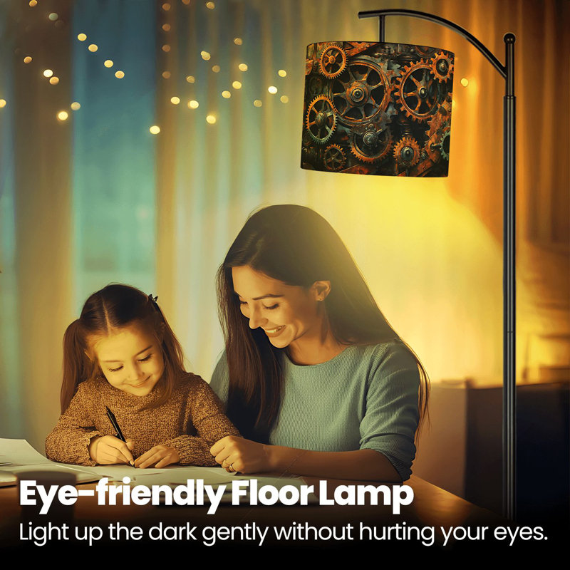 Lampe sur pied à arc avec abat-jour réglable Roues à engrenages mécaniques et lampe sur pied industrielle Steampunk