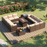 Melisandra Polyethylene (PE) Wicker 12 - Person Seating Group with Cushions and Fire Pit