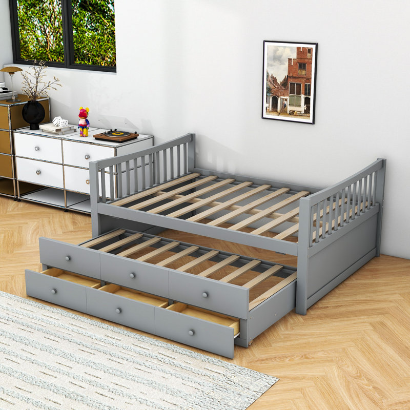 Full Size Wooden Daybed with Pull-Out Trundle and Storage Drawers, Gray
