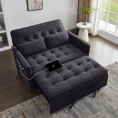 Canapé-lit convertible 3-en-1 - Causeuse-lit escamotable avec dossier réglable, port de chargement USB, poche latérale et 2 coussins (tissu de serviette)