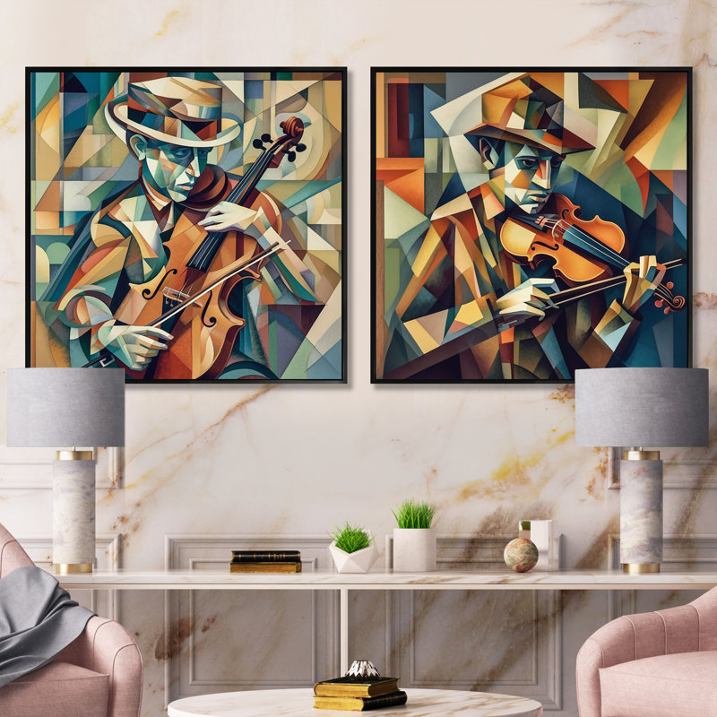 The Modern Violinist - Music Square Collage, ensemble de 2, Cadre flottant noir, H 30 po x l 61 po