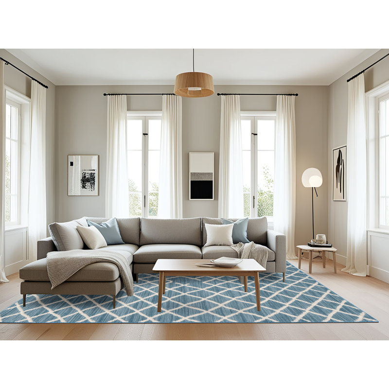 Tapis bleu en treillis lavable à la machine, Rectangulaire 8 pi x 12 pi