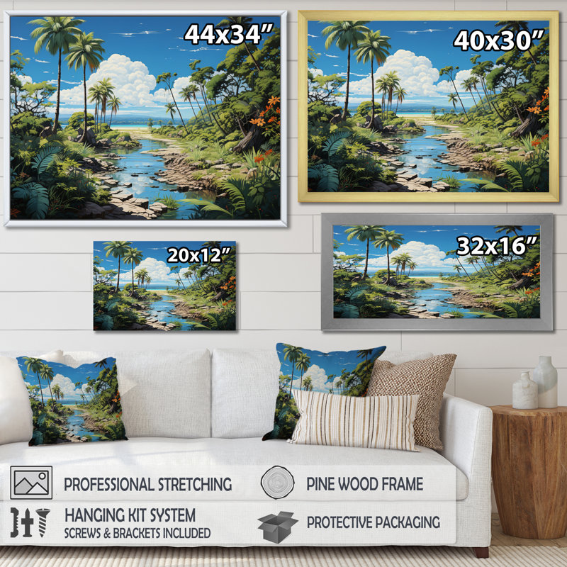 Palmier sur toile, impression de paysage de plage tropicale - Palmiers à la plage IV, Cadre flottant doré