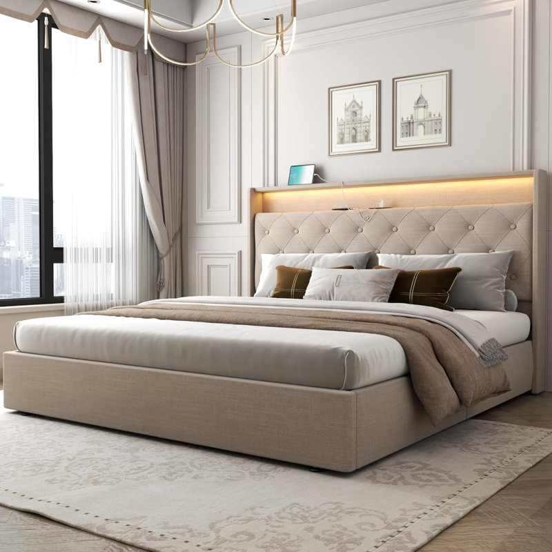 Kadeer Lift Up Bed Frame with Charging Station & LED Light, Upholstered Bed with Button Tufted, King, Beige