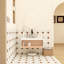 Meuble-lavabo mural de 30 pouces avec lavabo vasque en marbre veiné gris, rangement ouvert et finition blanche résistante à l'humidité pour les salles de bain compactes modernes.-132582631
